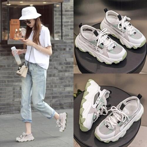 Sneakers Women Summer Thick Bottom Daddy Shoe Round Toe Genuine Leather Leisure Female Mesh Running Sports Shoes Mixed Colors