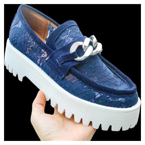 Carpaton Newest Chains Decorations Flat Platform Shoes Women Blue Lace Embroidery Casual Shos Mesh Grid Leisure Shoes