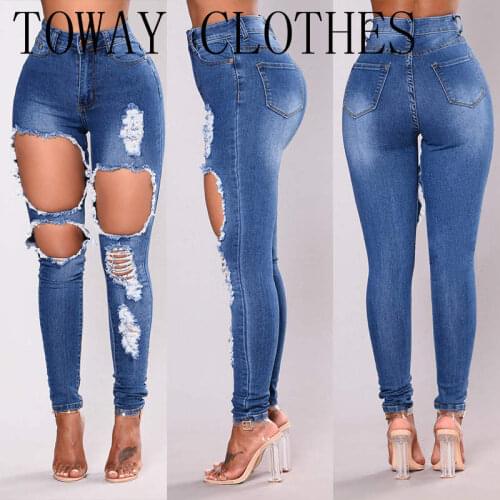 Women 2021 Newest Solid Ripped Cutout Skinny Slim Jeans High Waist Slim Fit Bodycon Slim Fit Street Wear Fashion New Trends Pant