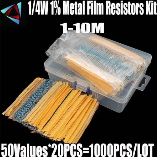 1000 Pcs 50 Values 1/4W 1% 1-10M ohm Metal Film Resistors Resistance Assortment Kit Set Film Resistor Kits New Electric