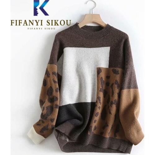 Leopard Print Patchwork Women Knitted Sweater Autumn Winter Warm Tops O-Neck Long Sleeve Pullover Female Loose Fashion Sweaters