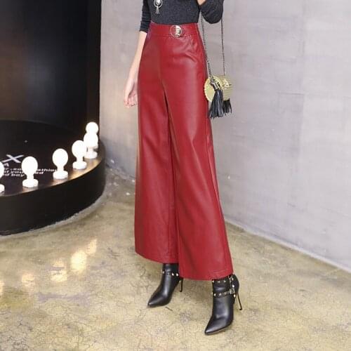 Fashion New female autumn and winter PU wide leg pants High waist straight trousers leather pants Ankle-Length pants Womens