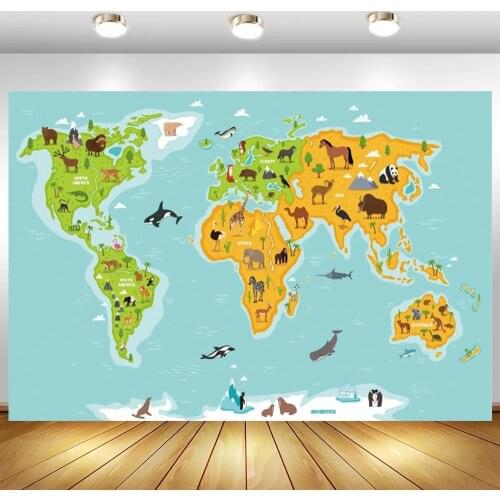 Cartoon Animals On World Map Photo Background Kidss Room Bed Wall Vinyl Poster Decoration Portrait Backdrops Photography