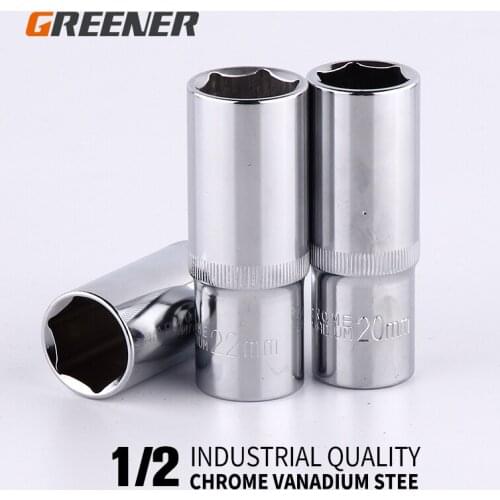 Greener 8-32mm Long Socket Set of Heads Mirror Finish 1/2 Inch Drive with Plastic Socket Rack for Socket Wrench Use Hand Tools