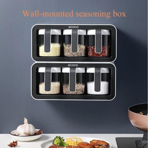 Wall Mount Storage Set Spice Rack Organizer Sugar Bowl Salt Shaker Seasoning Container Spice Boxes With Spoons Kitchen Supplies