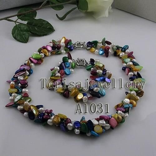 Terisa Jewelry Handmade Baroque Pearl Jewelry Set 3Rows Multicolor Shell White Baroque Real Freshwater Pearl Necklace Bracelet