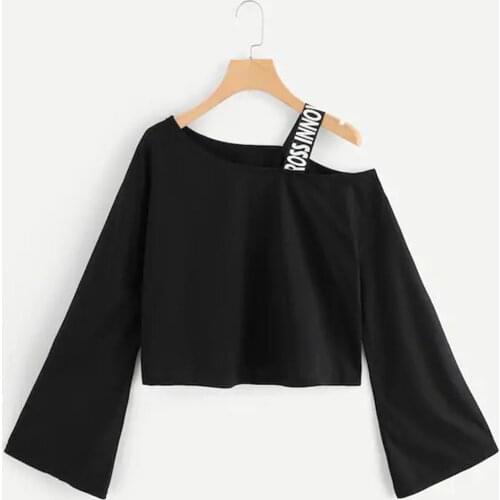 Neatie kiddie Fashion Off Shoulder Short T-shirt Women Tee Shirt Tops Long Flare Sleeve Ribbon Patchwork Tshirt Female Clothes
