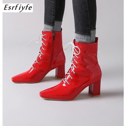 ESRFIYFE 2020 New Autumn Winter High Heels Shoes Woman Patent Leather Ankle Boots Sexy Pointed Toe Cross-tied Party Dress Boots