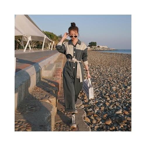 Women Fashion Splice Safari Style Wide Leg Jumpsuit Spring Fall Streetwear Loose Long Sleeve One Piece Pants Sets Overalls KL33