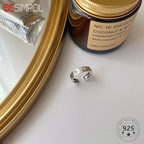 Besimpol Real s925 Sterling Silver Ring Vintage Hollow Out Circles Adjustable Open Rings For Women Retro Fine Jewelry Daily Wear
