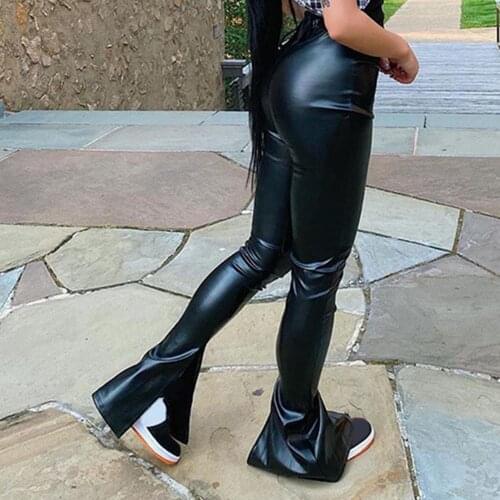 PU Flare Pants Elegant Vintage Faux Leather Pants Women Autumn High Waist Skinny Trousers Lady Casual Fashion Streetwear Pants