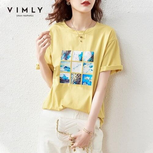 VIMLY Women Tops Summer Casual Round Neck Short Sleeve Tshirt Harajuku Loose Print T-shirt Clothes Women Cotton Tops F6625