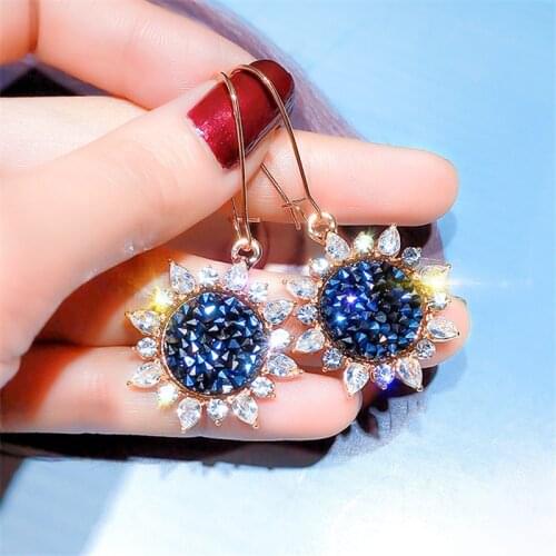 Exquisite Korean Style Dangle Earrings for Women Wedding Party Blue Sunflower Crystal Zircon Hook Earrings Fashion Jewelry Gift