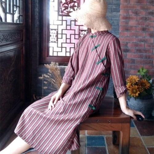 Johnature New 2021 Full Sleeve Stand Collar Striped Dresses Vintage Plate Buckle Loose Cotton Linen Summer Autumn Women Dresses