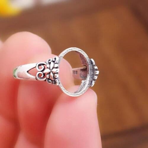 Sterling Silver 925 Engagement Wedding Semi Mount Ring Oval Cabochon 10.6x12.6mm for Amber Agate Turquoise Setting Adjustable