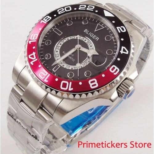Red black bezel black dial 43mm BLIGER GMT sappphire glass date stainless steel bracelet automatic mens watch