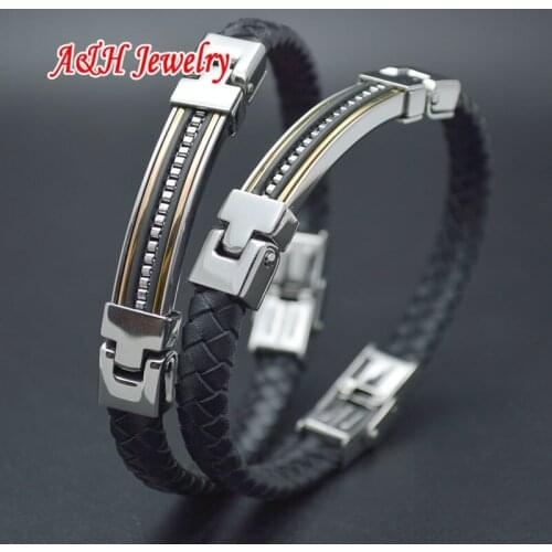 New Design Box Chain Black Genuine Leather Men Bracelets Super Quality 316L Stainless Steel Bangles Luxury Jewelry Birthday Gift