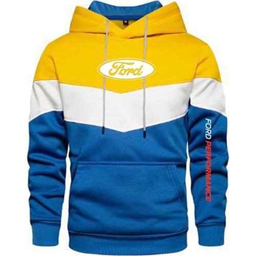 2021 New Spring and Autumn Mens Ford Logo Patchwork Color Pullover Long Sleeve Hoodie Fashion Cotton Sweatshirt 5 Colori