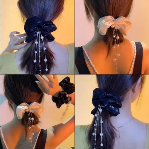 The New Satin Large Intestine Ring Pure Color Pearl Tassel Fat Intestine Hairband Fashion Trend Headwear Hairband Three Colors