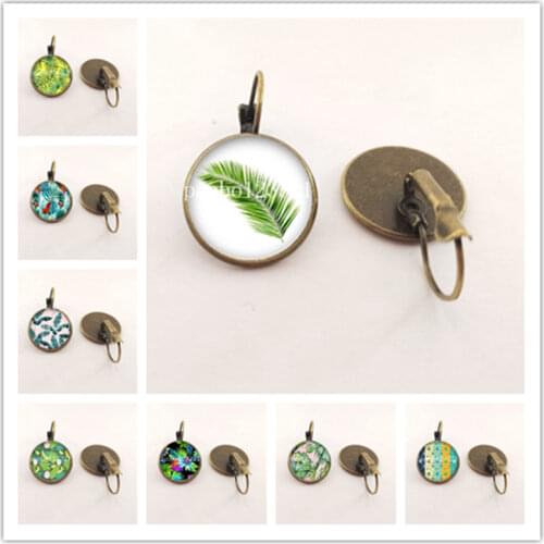 New hot style tropical green plant leaf round glass earrings cabochon and glass dome earrings gifts for girls