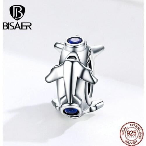 BISAER Travel Charms 925 Sterling Silver Plane Shape Spacer Beads Stopper Clips Charms fit Women Bracelets DIY Jewelry ECC1235