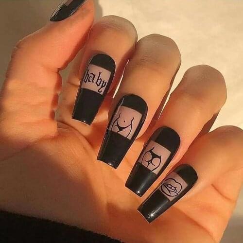 24pcs/Box Detachable Rhinestone Coffin False Nails Wearable Ballerina Fake Nails Full Cover Nail Tips Press on Nail with Glue