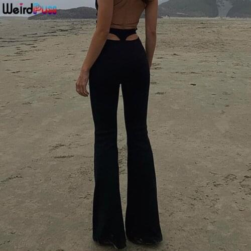 Weird Puss 2021 Women Hollow Out Sexy High Waist Y2K Pants Ribbed Chic Party Summer Stretchy Soft Flares Streetwear Trousers