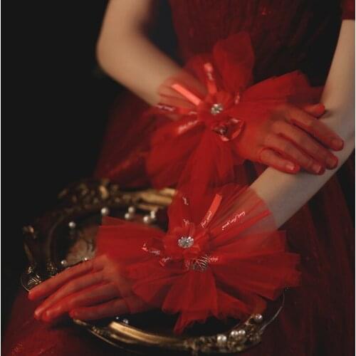 Wedding Dress Gloves Full Finger Mesh Sequins And Diamond Flower Etiquette Short White Bridal Gloves