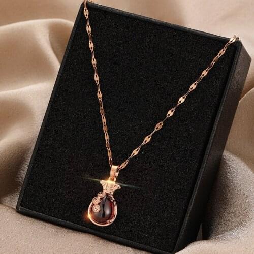 TIMEONLY Delicate Shinning Crystal Purse Pendant Necklace Rose Gold Color Titanium Steel Simple Necklaces for Women Lady Jewlry