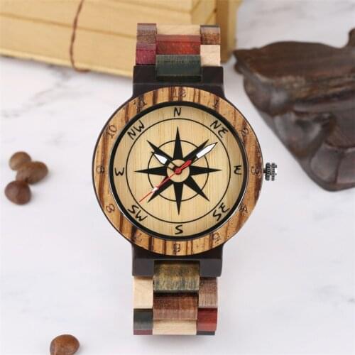 Unique Mens Wooden Watch Compass Design Dial Mixed Colorful Solid Wood Watch Band Luxury Clock Business Man relogio masculino