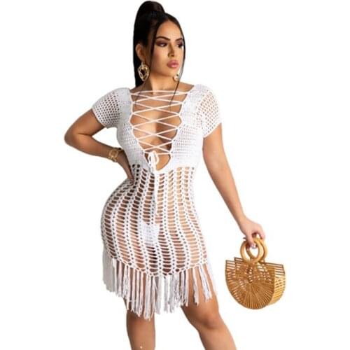 Knit Crochet Summer Beach Dress Women Hollow Out Fringed Tassels Bodycon Party Dress Clubwear Boho Lace-up Black Sexy Sundresses