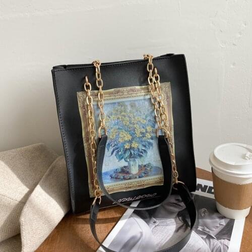 Fashion Painting Chains Tote Bags for Women Shoulder Bag Designer Flower Printing Handbag Female Large Capacity Purses Clutch