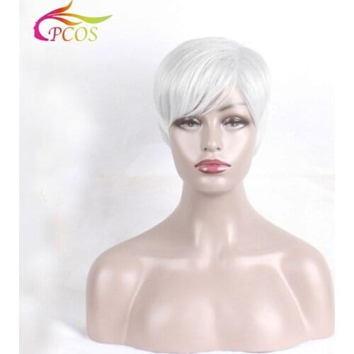 Ladies Synthetic Wigs Short Wavy puffy natural silver white Wig For Women Free wig cap