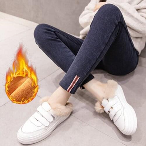 Womens Winter Thick Pregnancy Denim Pants Warm Fleece Maternity Jeans for Pregnant Women Plus Velvet Maternity Trousers