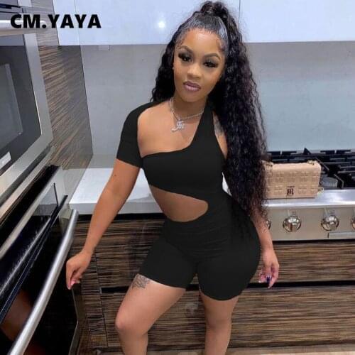 CM.YAYA Women Playsuit Solid One Shoulder Short Sleeve Hollow Out Strechy Bodycon Playsuits Casual Fashion Romper Overall Summer