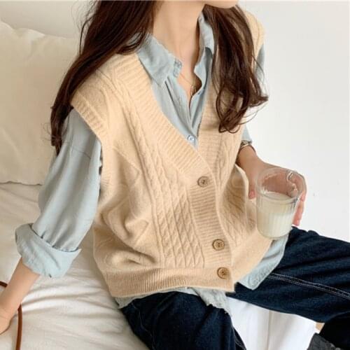 JMPRS Autumn Women Vest Sweater Loose Fashion V Neck Single Breasted Korean Sleeveless Knitted Cardigan Solid Casual Ladies Tops
