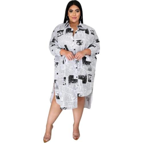 2021 summer / Autumn Woman Dresses Explosions Plus Size Womens Woman Lapel Newspaper Printing Irregular Womens Shirt Skirt