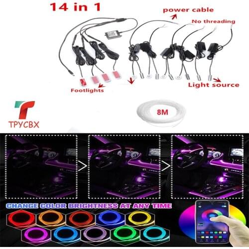14 in 1 RGB LED Atmosphere Car Light Interior Ambient Light Fiber Optic Strip Light by App Control DIY Music 8M Fiber Optic Band