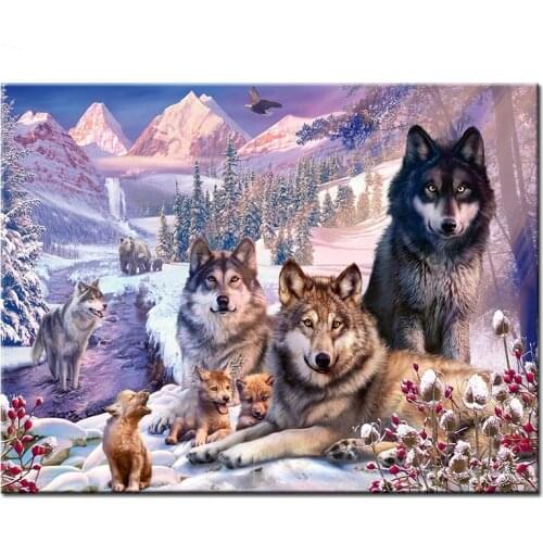 Diy diamond wolf diamond painting full square / round diamond diamond embroidery snow wolf family Christmas landscape home decor