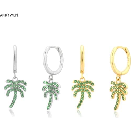 ANDYWEN 925 Sterling Silver 8.5mm Green Zircon Coconut Tree Pendiente Piercing Drop Earring Clips Fine Jewelry 2021 Clips Jewels