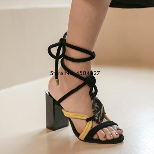 Summer Lace Up Shoes Fashion Cut-out High Heel Sandals Sexy Chunky Heel Party Wedding Shoes