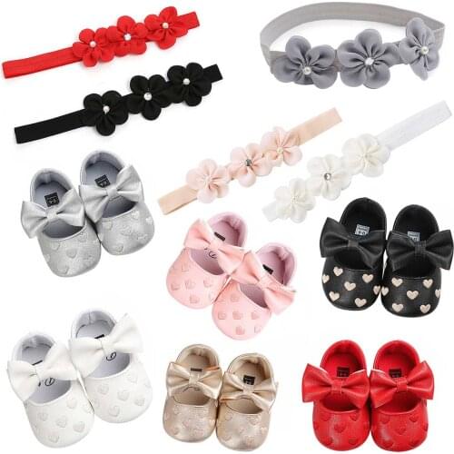 Baby Infant First Walker Shoes Flower Headband Set Cute Heart Print Princess Prewalker Shoes for Infant Newborn Baby Girls