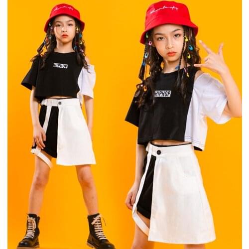Kids Hip Hop Show Outfits T Shirt Off Shoulder Crop Top Streetwear Summer Skirt Shorts for Girls Dance Wear Costume Clothes
