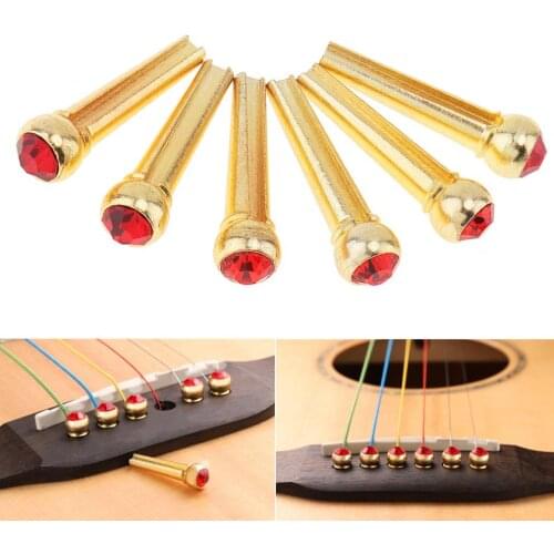 Guitar Bridge Pin 6pcs Pure Copper Brass Bridge Pins with Red Crystal Head Strings Nail Pegs Set for Folk Acoustic Guitar