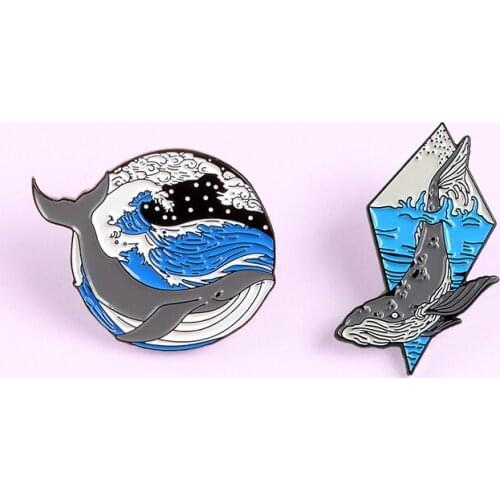 Cartoon Ocean Blue Shark Whale Brooch Sea Waves And Waves Circular Rhombus Lapel Pins Natural Gift For Men Women Jewelry