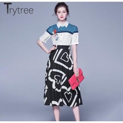 Trytree Autumn Winter Two piece set Casual Turn-down Collar Single Breasted Top + Skirt A-line Fashion Mid-Calf set 2 Piece Set