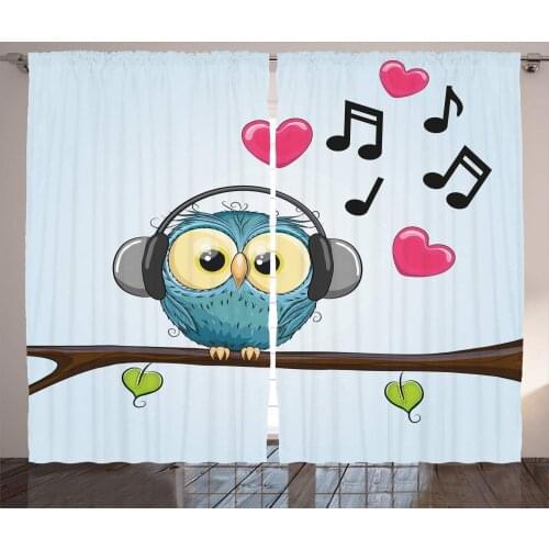 Music Curtains Cartoon Owl with Headphones Hearts Leaves Fashion Playful Fun Living Room Bedroom Window Drapes Blue Brown