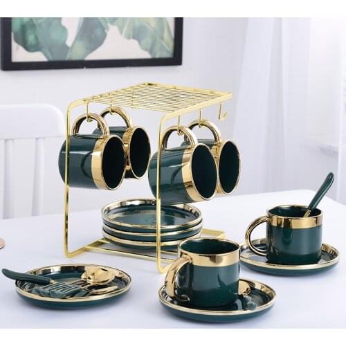 European luxury ceramic coffee cup set 6 pieces with dish spoon gift box set mug milk tea coffee green drink 600ml