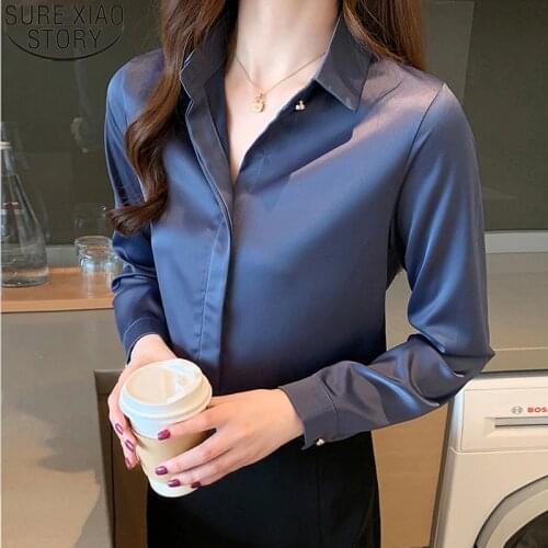 New Long Sleeve Silk Shirt Office Lady Blouse Turn-Down Collar 2021 Autumn Satin Blouse Women Elegant Ladies Tops Blusas 10618