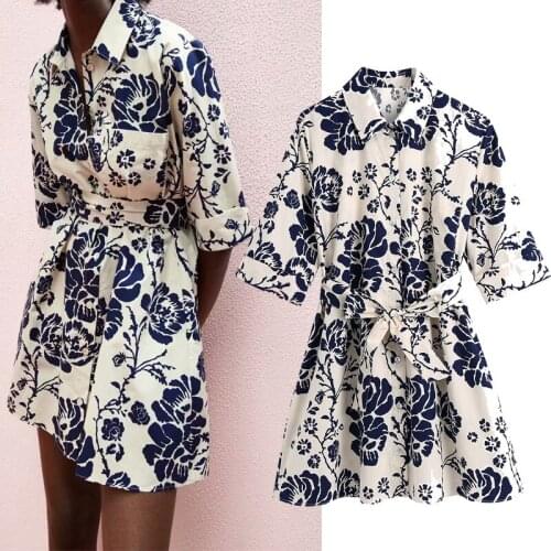 Lapel Single-breasted Floral Print Womens Dress Harajuku Fresh Lace Chic Female Dress